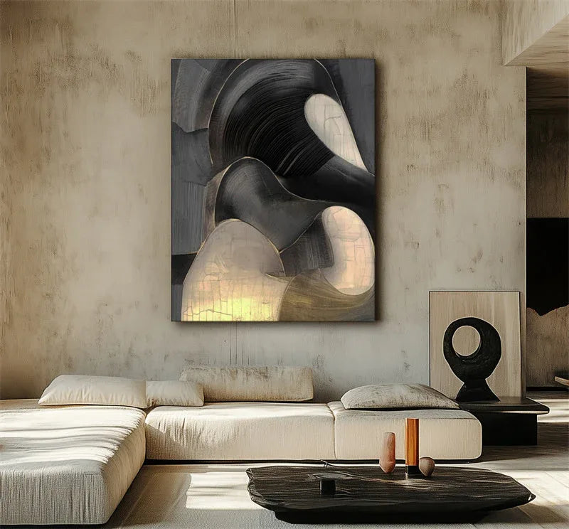 Golden Eclipse-3D Geometric Black Gold Flowing Surface Abstract Wall Art