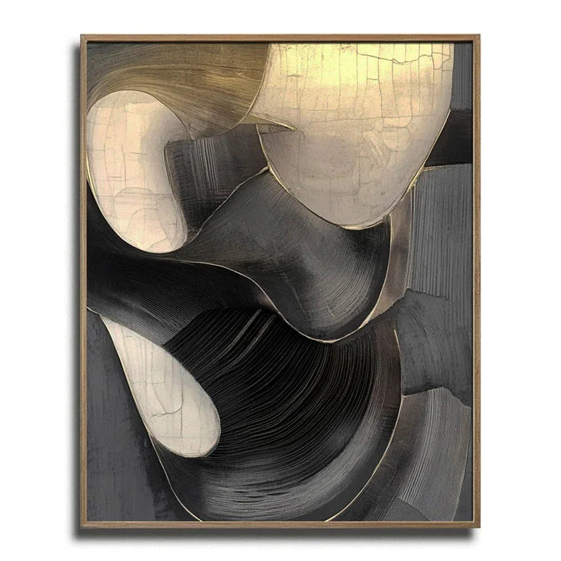 Golden Eclipse-3D Geometric Black Gold Flowing Surface Abstract Wall Art