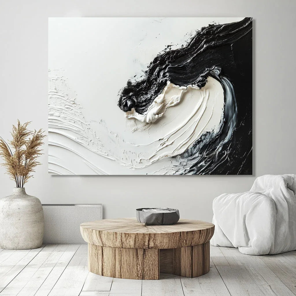 Monochrome Symphony Canvas-Hand-Drawn Black and White Fluid Three-Dimensional Abstract Wall Art