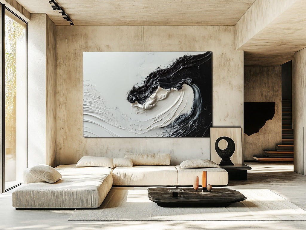 Monochrome Symphony Canvas-Hand-Drawn Black and White Fluid Three-Dimensional Abstract Wall Art