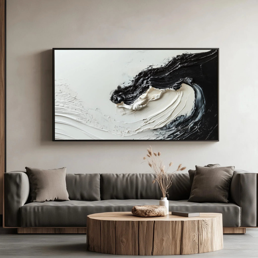 Monochrome Symphony Canvas-Hand-Drawn Black and White Fluid Three-Dimensional Abstract Wall Art