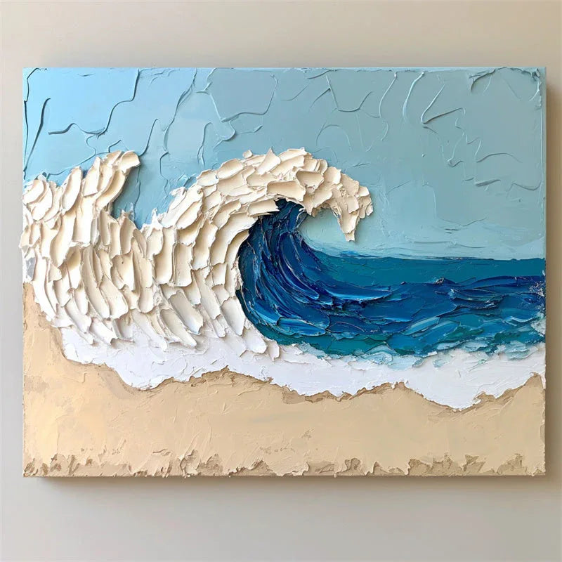 Azure Tide Canvas Art-Modern Minimalist Blue White Brown Seaside Thick Painted Abstract Wall Art