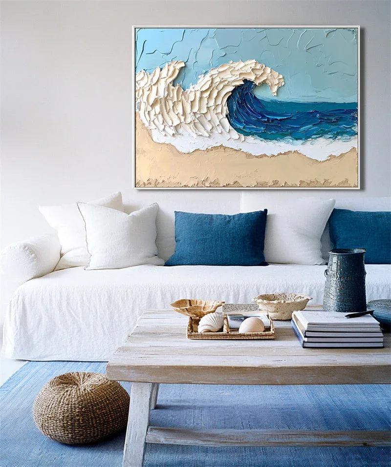Azure Tide Canvas Art-Modern Minimalist Blue White Brown Seaside Thick Painted Abstract Wall Art