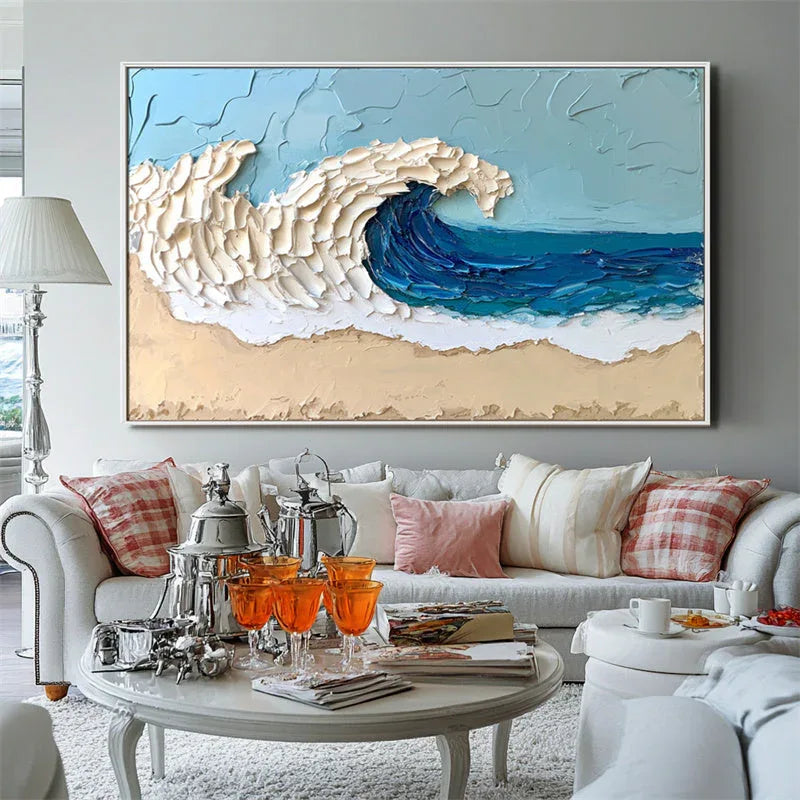 Azure Tide Canvas Art-Modern Minimalist Blue White Brown Seaside Thick Painted Abstract Wall Art