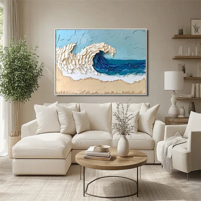 Azure Tide Canvas Art-Modern Minimalist Blue White Brown Seaside Thick Painted Abstract Wall Art