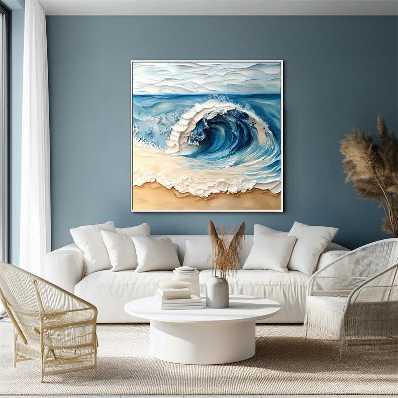 Ocean Crest Canvas Art-Hand Drawn Three-Dimensional Blue and White Wavy Beach Texture Oil Painting Wall Art