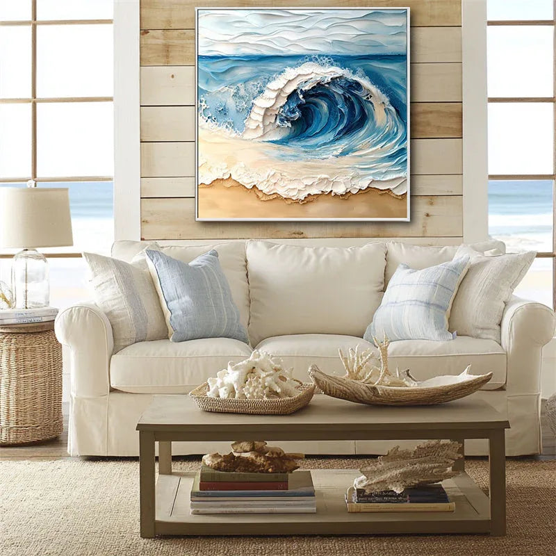 Ocean Crest Canvas Art-Hand Drawn Three-Dimensional Blue and White Wavy Beach Texture Oil Painting Wall Art