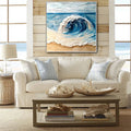 Ocean Crest Canvas Art-Hand Drawn Three-Dimensional Blue and White Wavy Beach Texture Oil Painting Wall Art