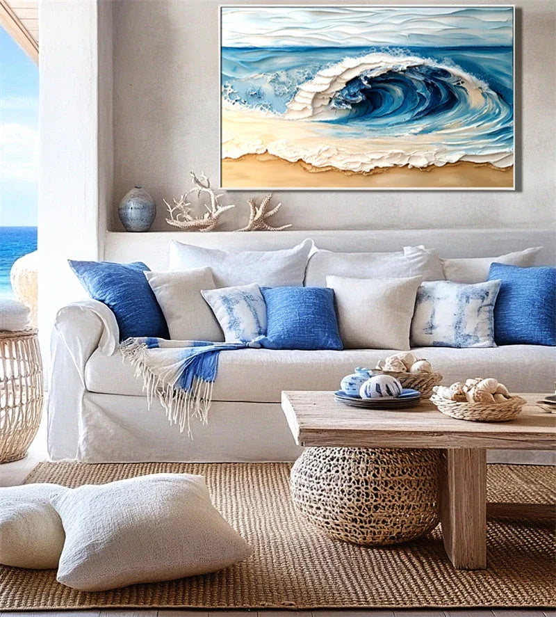 Ocean Crest Canvas Art-Hand Drawn Three-Dimensional Blue and White Wavy Beach Texture Oil Painting Wall Art
