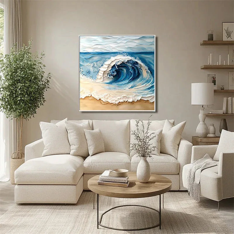 Ocean Crest Canvas Art-Hand Drawn Three-Dimensional Blue and White Wavy Beach Texture Oil Painting Wall Art