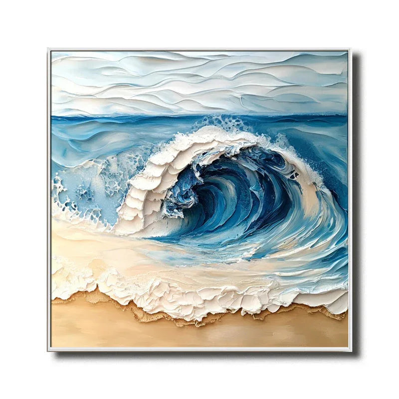 Ocean Crest Canvas Art-Hand Drawn Three-Dimensional Blue and White Wavy Beach Texture Oil Painting Wall Art