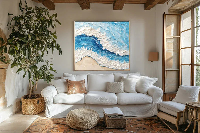 Ocean Wave-3D Minimalist Blue and White Sea Waves Beach Modern Home Texture Wall Art