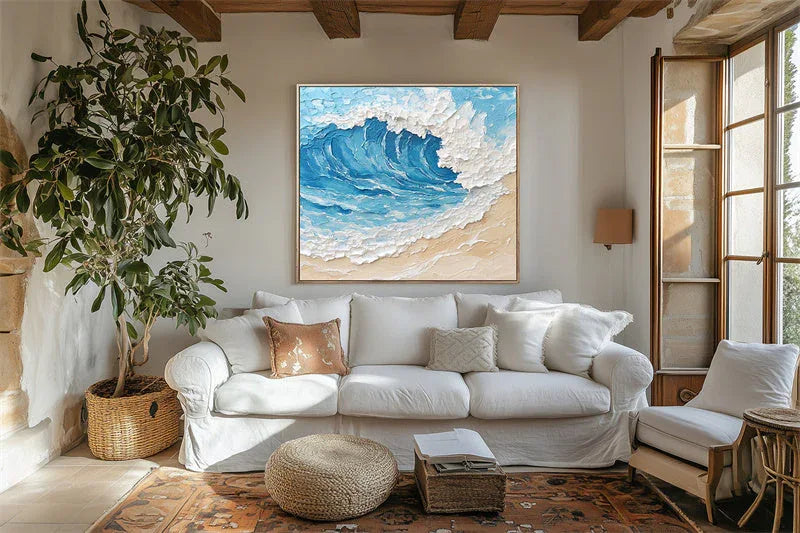 Ocean Surge-3D Natural Wind Texture Blue and White Wave Wall Art in Interior Design
