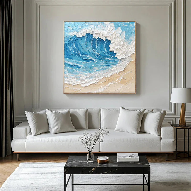 Ocean Surge-3D Natural Wind Texture Blue and White Wave Wall Art in Interior Design