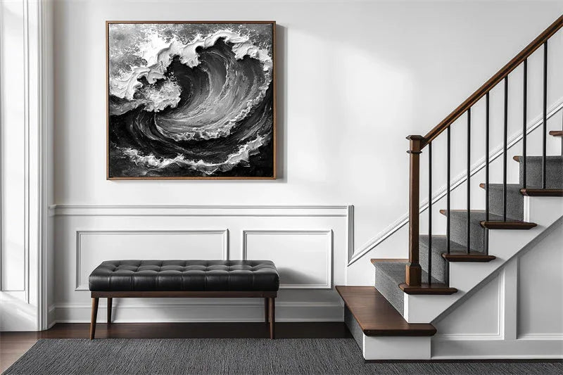 Powerful Wave - Stereoscopic Dynamic Black and White Wave Texture Oil Painting Wall Art