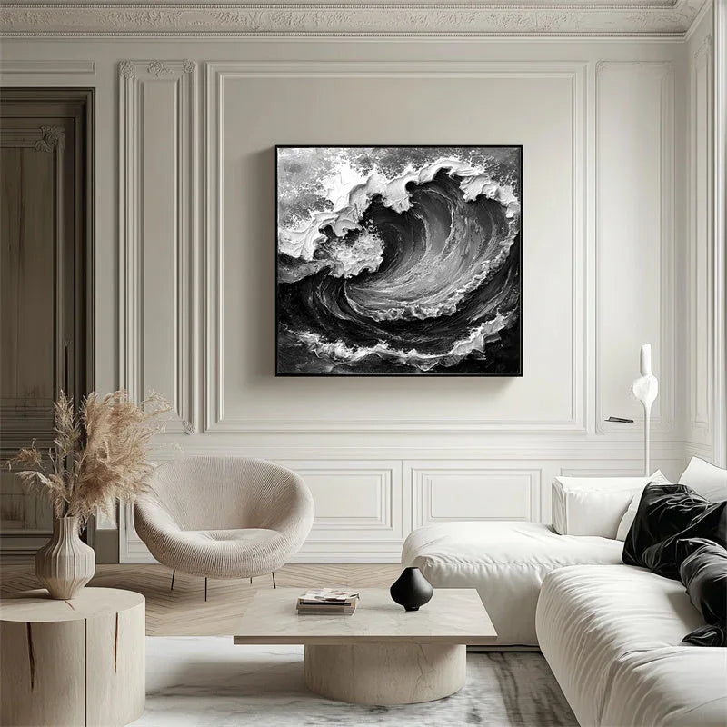 Powerful Wave - Stereoscopic Dynamic Black and White Wave Texture Oil Painting Wall Art