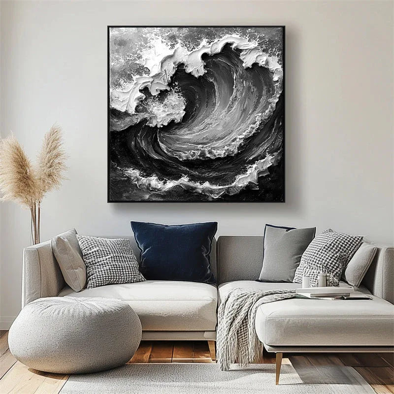 Powerful Wave - Stereoscopic Dynamic Black and White Wave Texture Oil Painting Wall Art