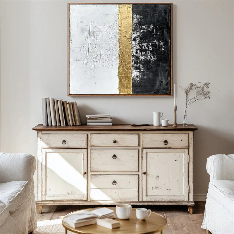 Golden Horizon Abstract Art-Black Gold White Abstract Wall Art #WB10097