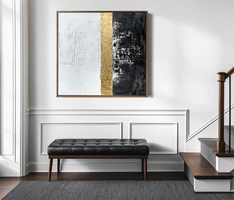 Golden Horizon Abstract Art-Black Gold White Abstract Wall Art #WB10097