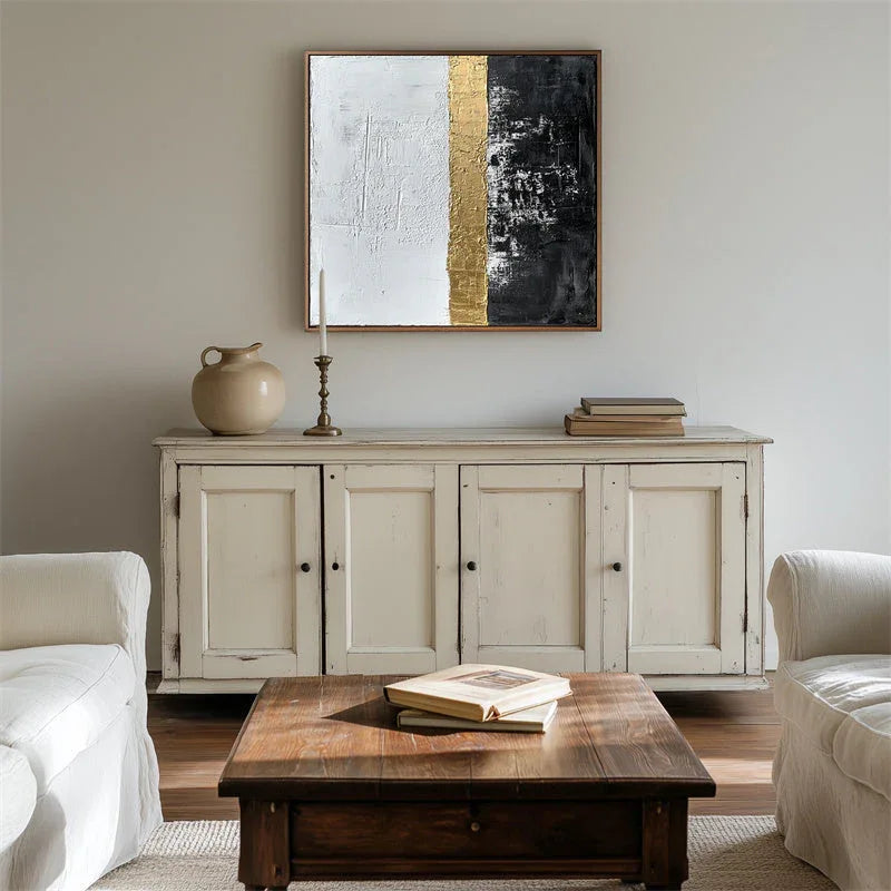 Golden Horizon Abstract Art-Black Gold White Abstract Wall Art #WB10097