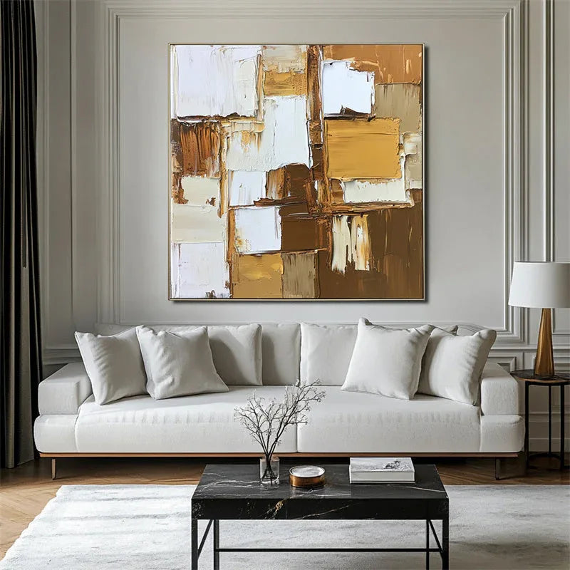 Golden Layers – Hand Drawn Texture Warm Gold Grid Relief Abstract Oil Painting Wall Art
