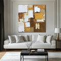Golden Layers – Hand Drawn Texture Warm Gold Grid Relief Abstract Oil Painting Wall Art