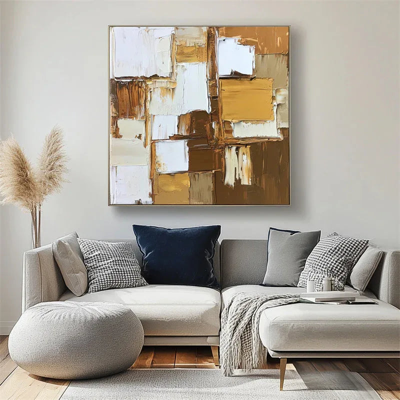 Golden Layers – Hand Drawn Texture Warm Gold Grid Relief Abstract Oil Painting Wall Art