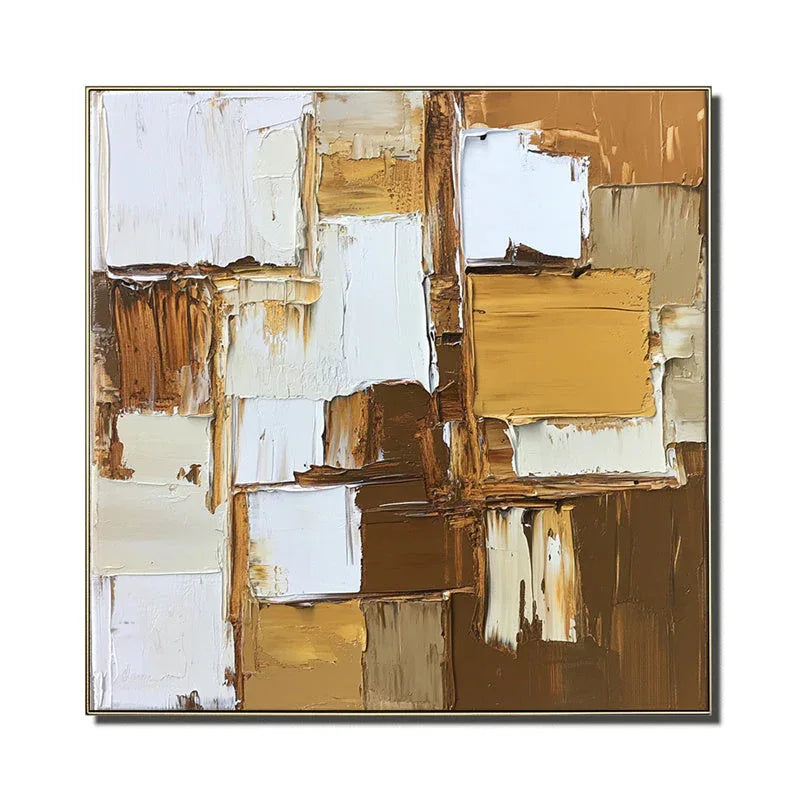 Golden Layers – Hand Drawn Texture Warm Gold Grid Relief Abstract Oil Painting Wall Art