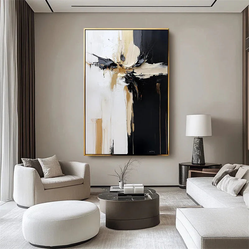 Modern Abstract Painting - Black, White, Gold Textured Canvas Wall Art
