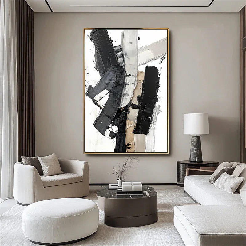 Monochrome Symphony Canvas-Hand Drawn Black and White Thick Painted Block Surface Abstract Wall Art