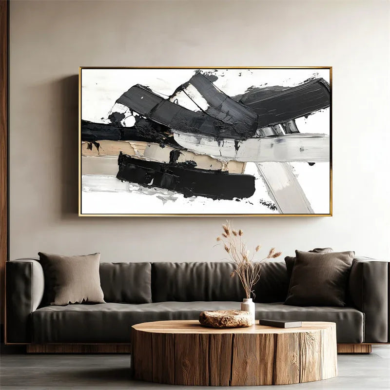 Monochrome Symphony Canvas-Hand Drawn Black and White Thick Painted Block Surface Abstract Wall Art