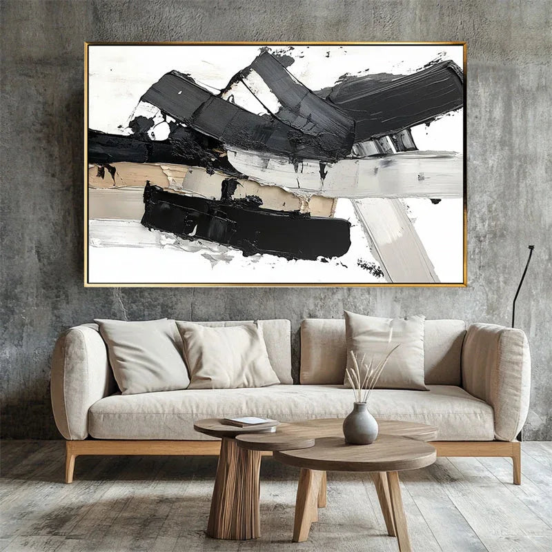 Monochrome Symphony Canvas-Hand Drawn Black and White Thick Painted Block Surface Abstract Wall Art
