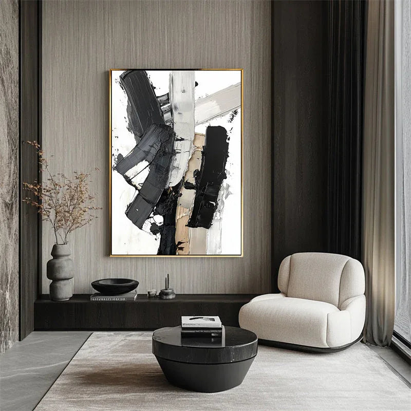 Monochrome Symphony Canvas-Hand Drawn Black and White Thick Painted Block Surface Abstract Wall Art