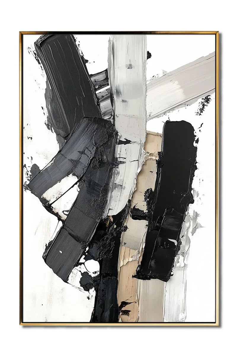 Monochrome Symphony Canvas-Hand Drawn Black and White Thick Painted Block Surface Abstract Wall Art