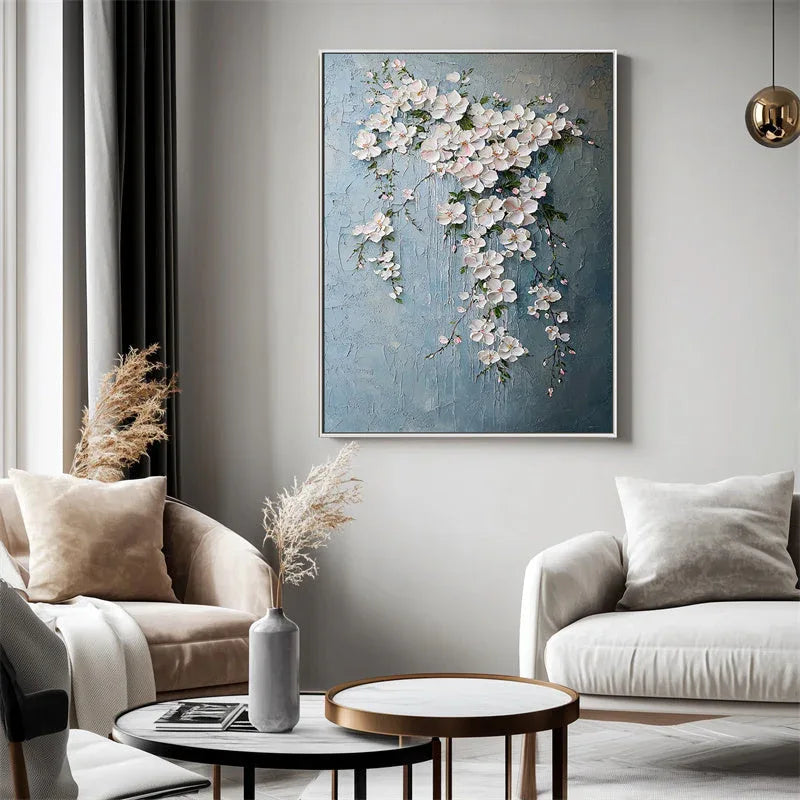 Blossoms of Serenity-Hand Drawn Blue Background Hanging Pink Flower Cluster Texture Wall Art