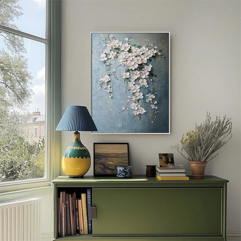 Blossoms of Serenity-Hand Drawn Blue Background Hanging Pink Flower Cluster Texture Wall Art