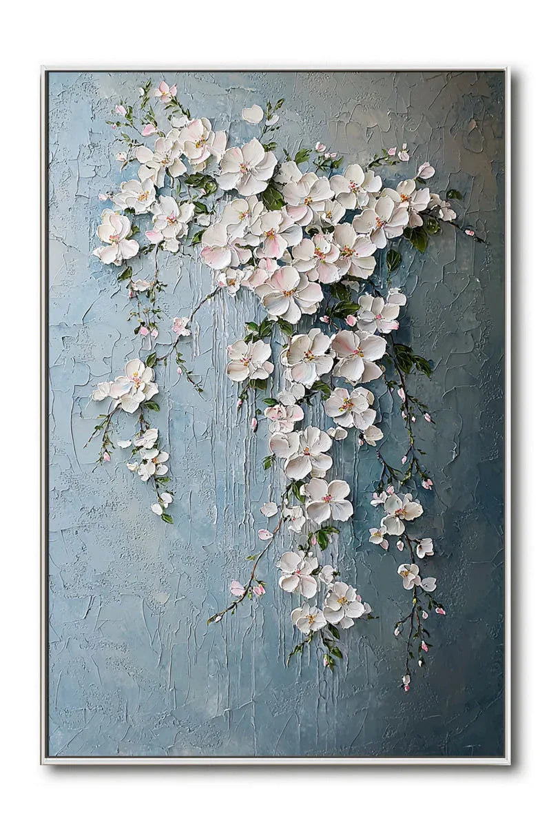 Blossoms of Serenity-Hand Drawn Blue Background Hanging Pink Flower Cluster Texture Wall Art