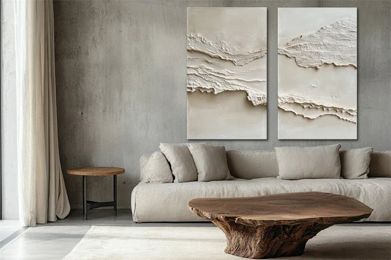 Serene Layers Diptych Art-Vertical Double Layered Three-Dimensional Folded Sand Texture Oil Painting Wall Art