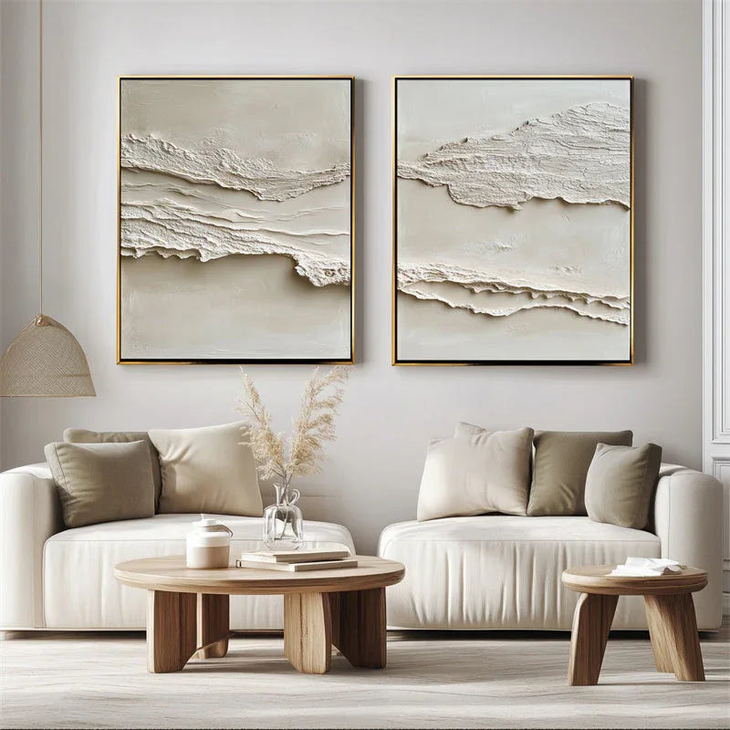 Layered Tranquility Diptych-Modern Minimalist Double Layered Texture Wall Art
