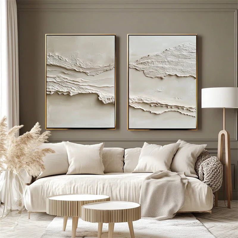 Layered Tranquility Diptych-Modern Minimalist Double Layered Texture Wall Art