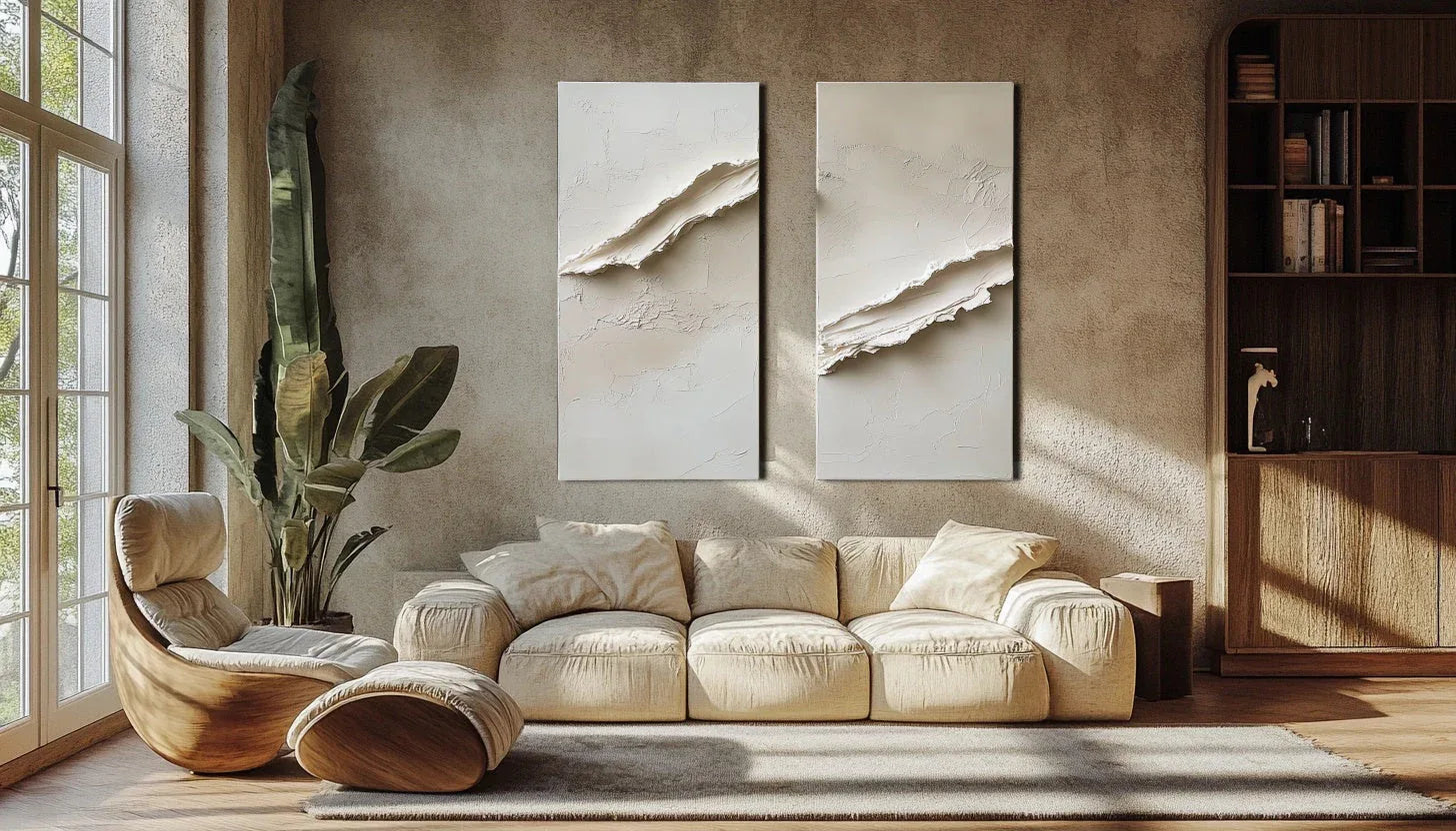 Minimalist Dual Wall Panels-Modern Minimalist Vertical Oil Painting Wall Art Featuring Earthy Pleated Texture