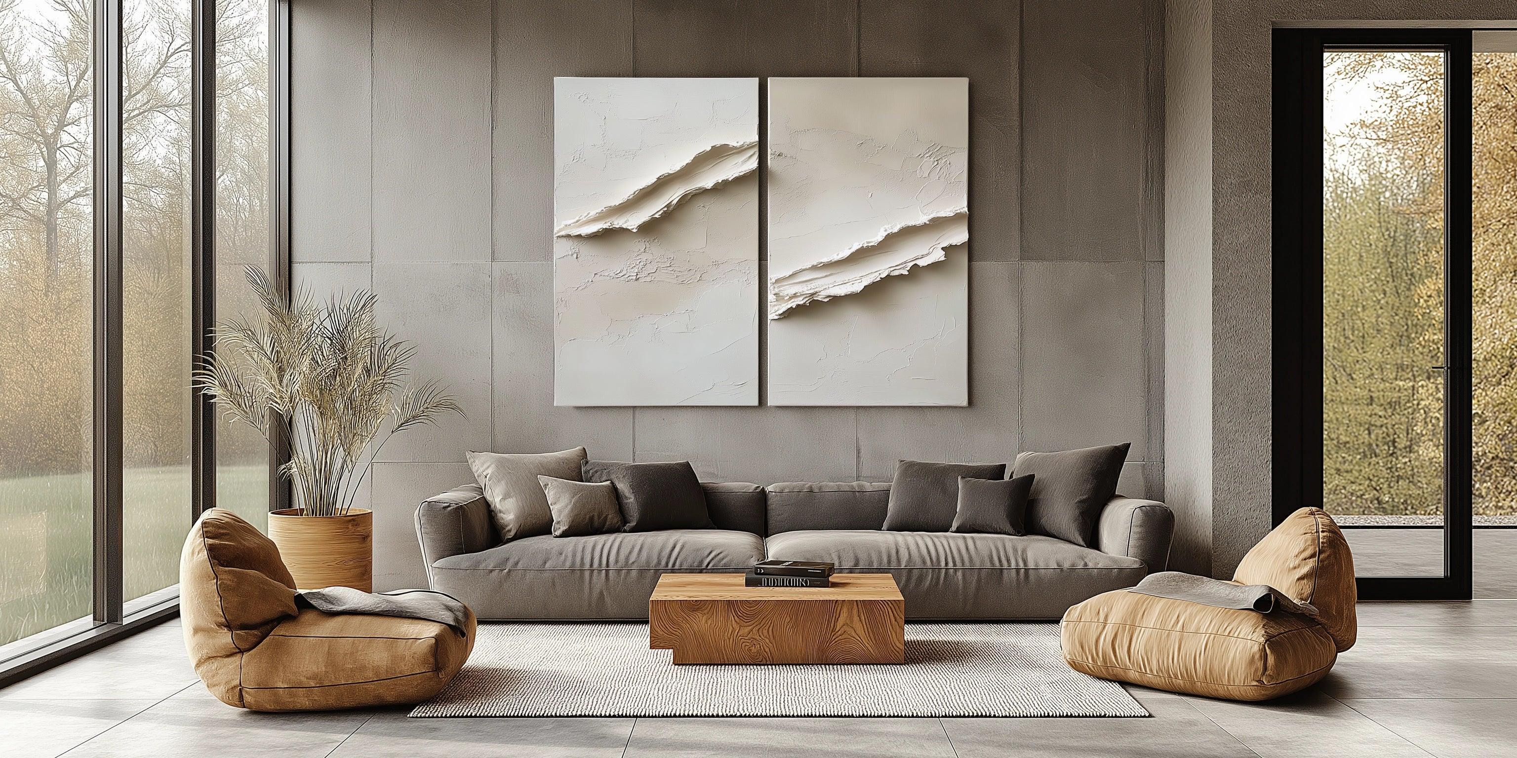 Minimalist Dual Wall Panels-Modern Minimalist Vertical Oil Painting Wall Art Featuring Earthy Pleated Texture
