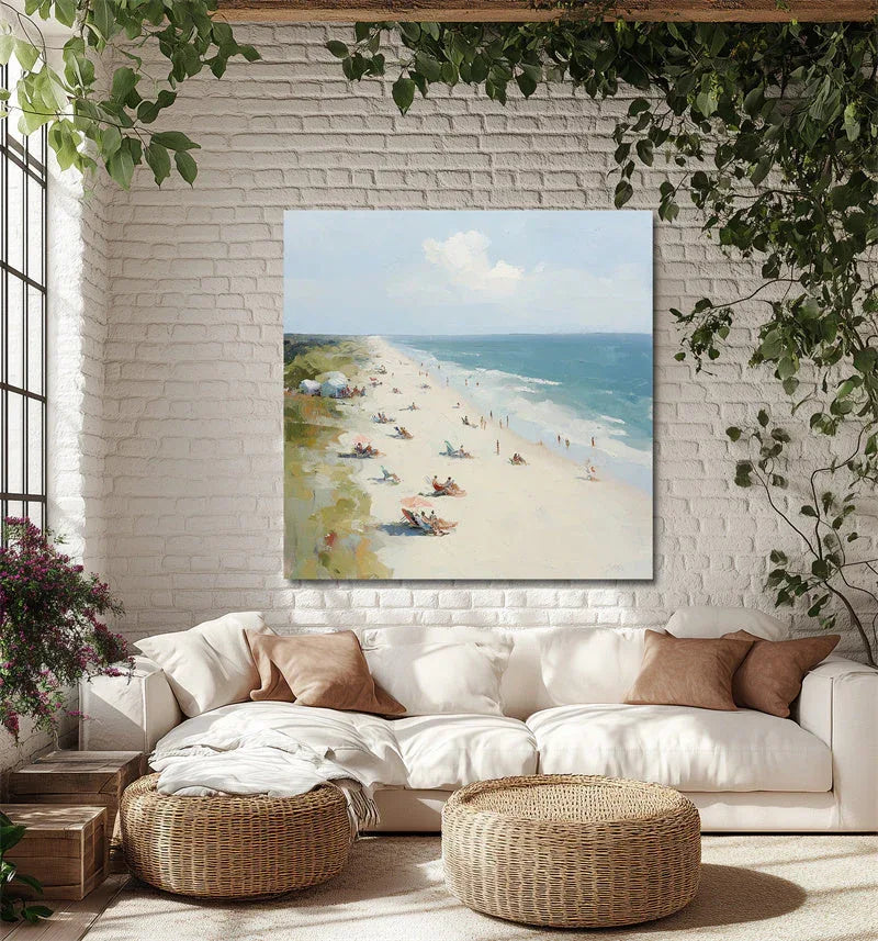 Coastal Serenity - Hand Drawn Beach Texture Oil Painting Wall Art With Flowing Light and Shadow