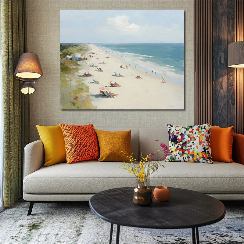 Coastal Serenity - Hand Drawn Beach Texture Oil Painting Wall Art With Flowing Light and Shadow