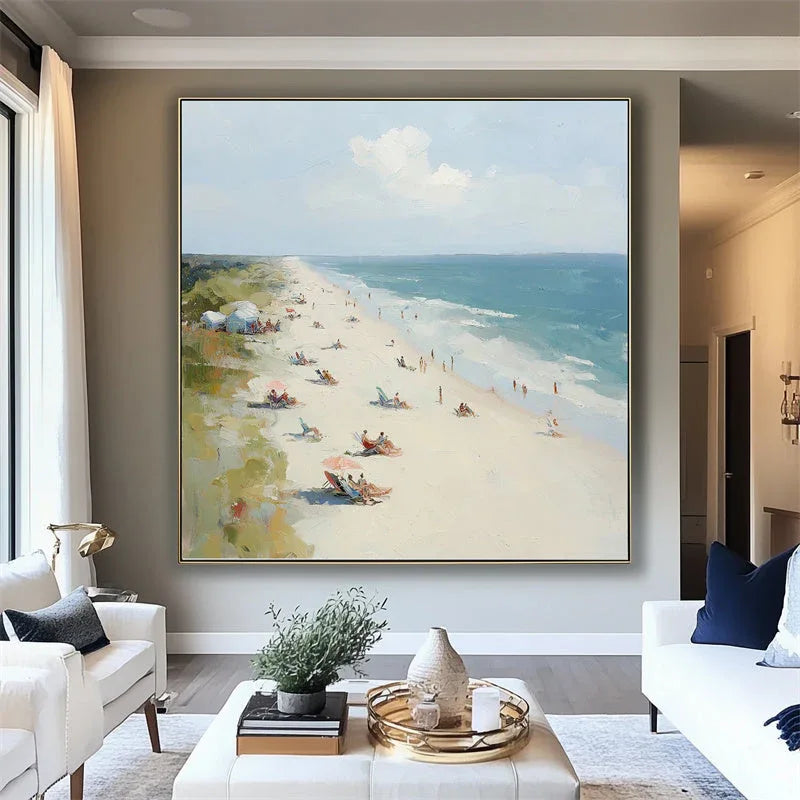 Coastal Serenity - Hand Drawn Beach Texture Oil Painting Wall Art With Flowing Light and Shadow