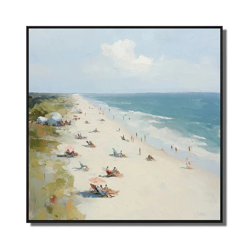 Coastal Serenity - Hand Drawn Beach Texture Oil Painting Wall Art With Flowing Light and Shadow