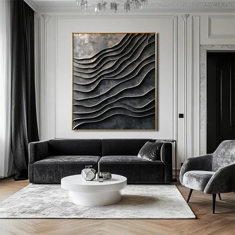 3D Metallic Wave Wall Art-Modern Minimalist Dark Grey Wave Layer Metal Flow Abstract Texture Wall Art