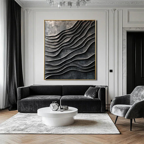 3D Metallic Wave Wall Art-Modern Minimalist Dark Grey Wave Layer Metal Flow Abstract Texture Wall Art