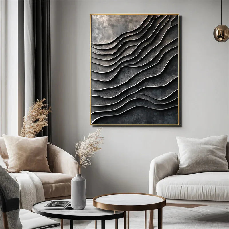 3D Metallic Wave Wall Art-Modern Minimalist Dark Grey Wave Layer Metal Flow Abstract Texture Wall Art
