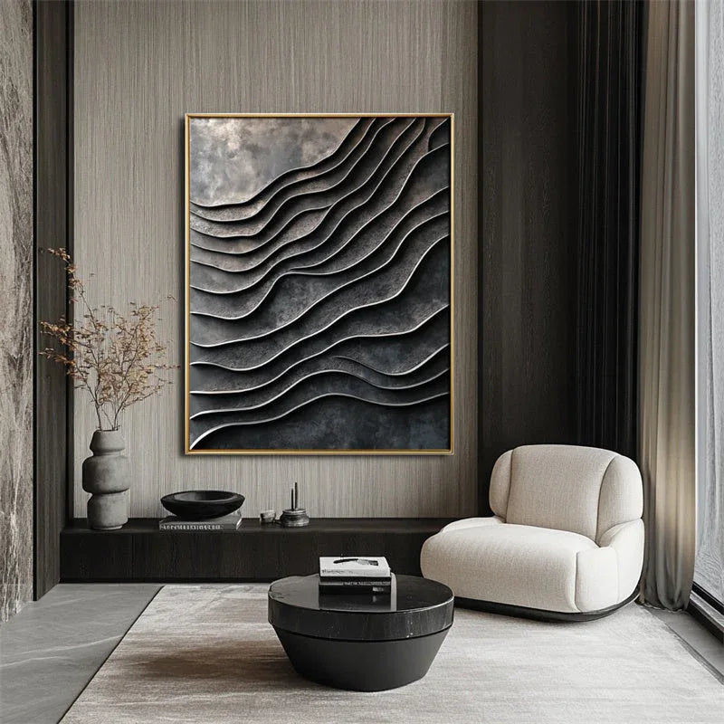 3D Metallic Wave Wall Art-Modern Minimalist Dark Grey Wave Layer Metal Flow Abstract Texture Wall Art